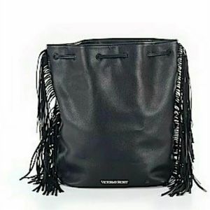 NWT Victoria Secret Black Backpack  Fringe  Shoulder Handbag Bag Faux Leather